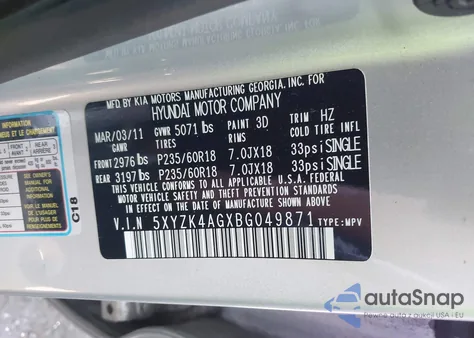 2011 Hyundai Santa Fe Limited V6 z USA, uszkodzony, nr VIN 5XYZK4AGXBG049871